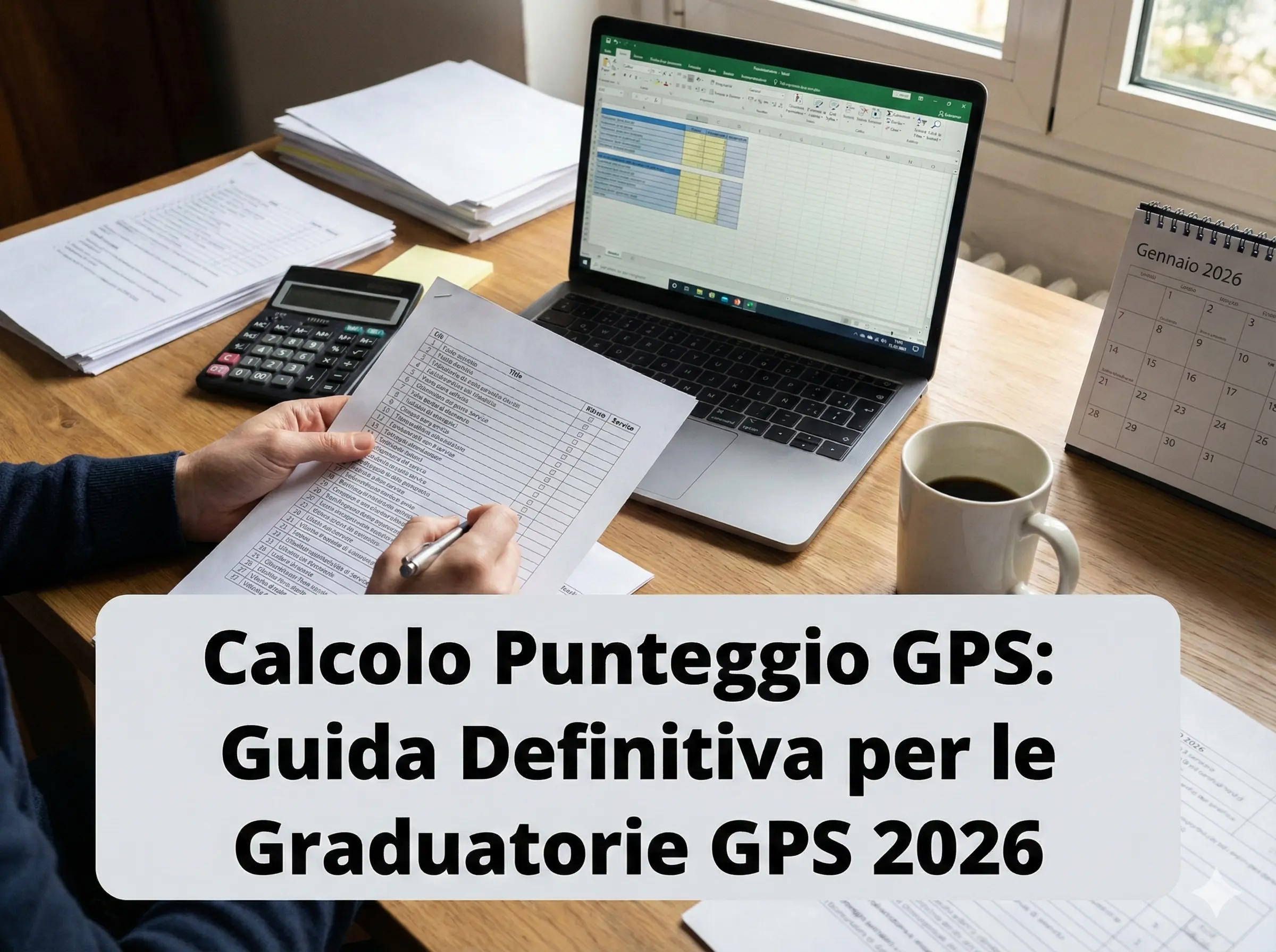Docente davanti ad un pc con certificazioni e titoli. In primo piano: "Calcolo Punteggio : Guida Definitiva per le Graduatorie GPS 2026GPS: