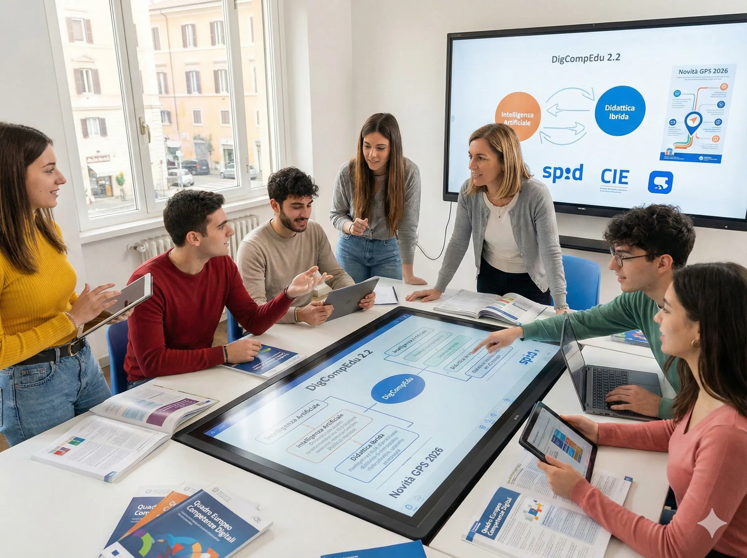 Un gruppo di aspiranti docenti consulta su un monitor i dettagli della DigCompEdu 2.2