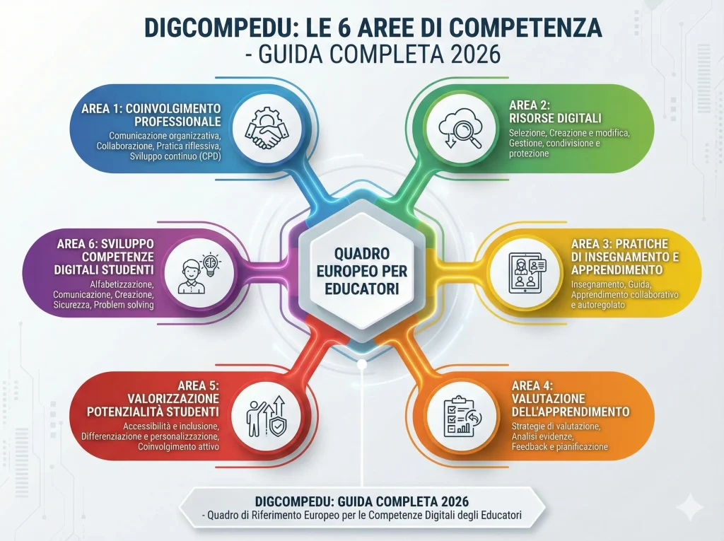 DigCompEdu 6 Aree di Competenza: infografica riassuntiva
