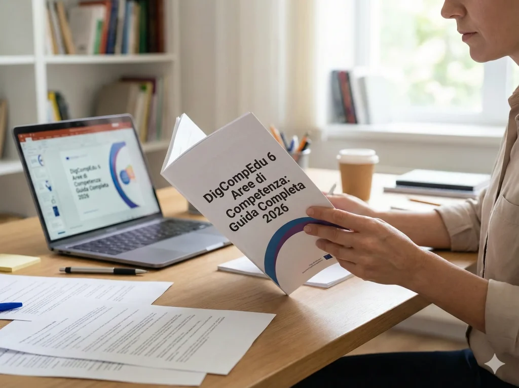 DigCompEdu 6 Aree di Competenza: un docente sfoglia la Guida cartacea
