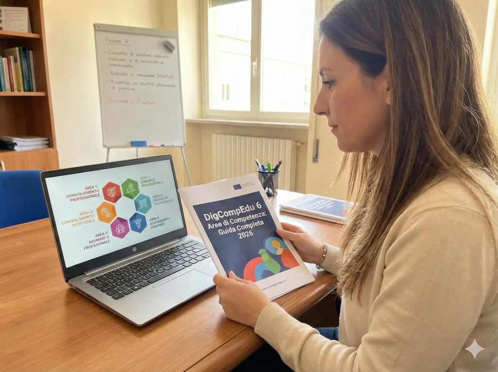 DigCompEdu 6 Aree di Competenza: docente davanti ad un pc consulta la Guida
