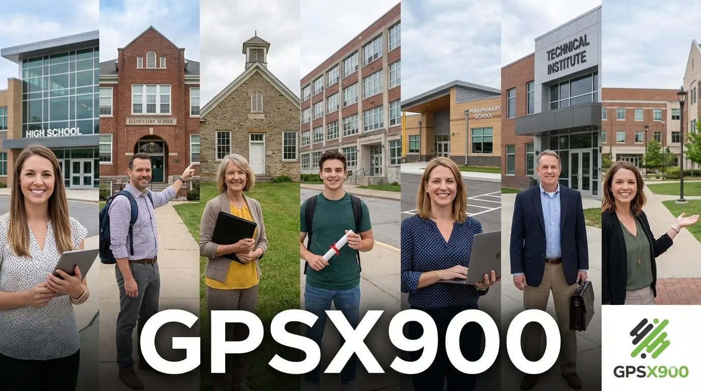 immagine divisa in 7 parti, con altrettanti docenti davanti ad una scuola. In primo piano la scritta GPSX900.