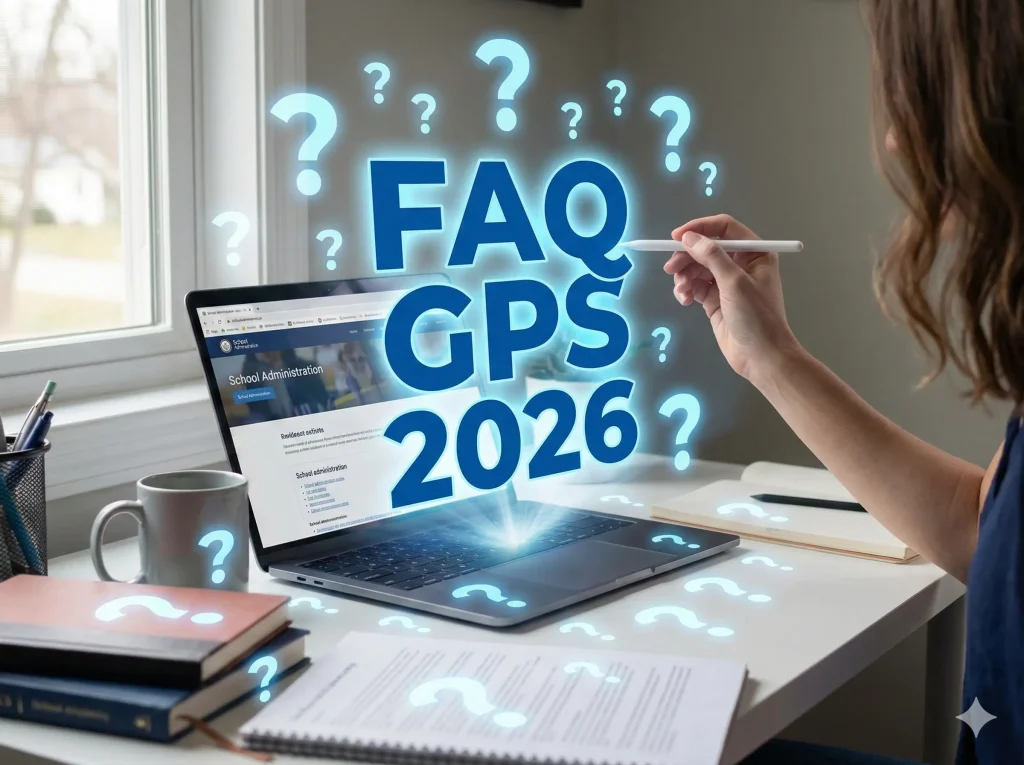 Docente davanti al pc e in primo piano la scritta "FAQ GPS 2026" e diversi punti interrogativi