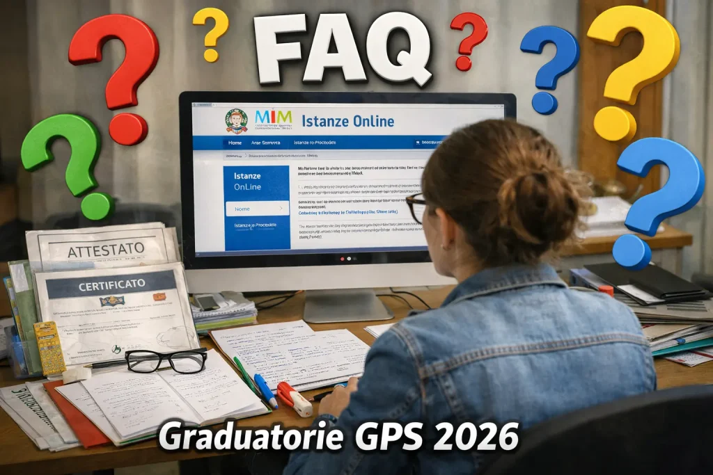 Aggiornamento Graduatorie GPS 2026: docente compila istanza davanti al Pc. Al centro in altro la scritta FAQ e punti interrogativi colorati. Al centro in basso la scritta Graduatorie GPS 2026