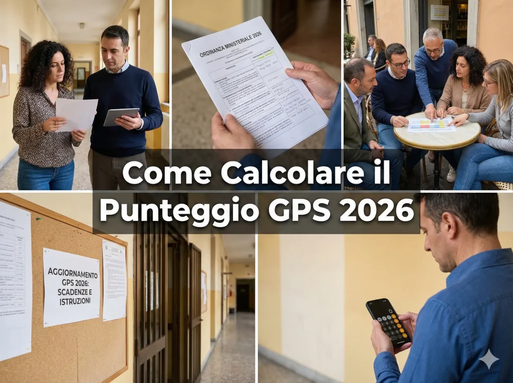 Immagine divisa in 5 parti con docenti alle prese con il punteggio GPS. In primo piano la scritta: Come Calcolare il Punteggio GPS 2026