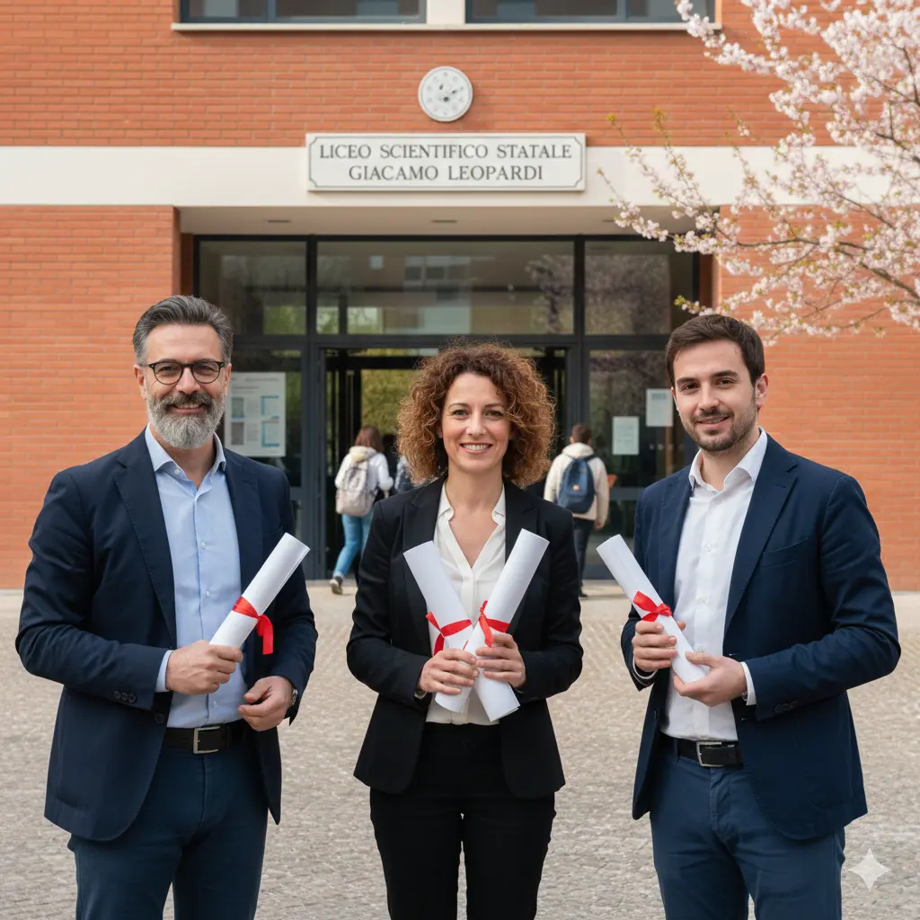 Come ottenere 4 punti con le Certificazioni informatiche nelle GPS 2026: alcuni docenti con attestati arrotolati in mano davanti ad una scuola