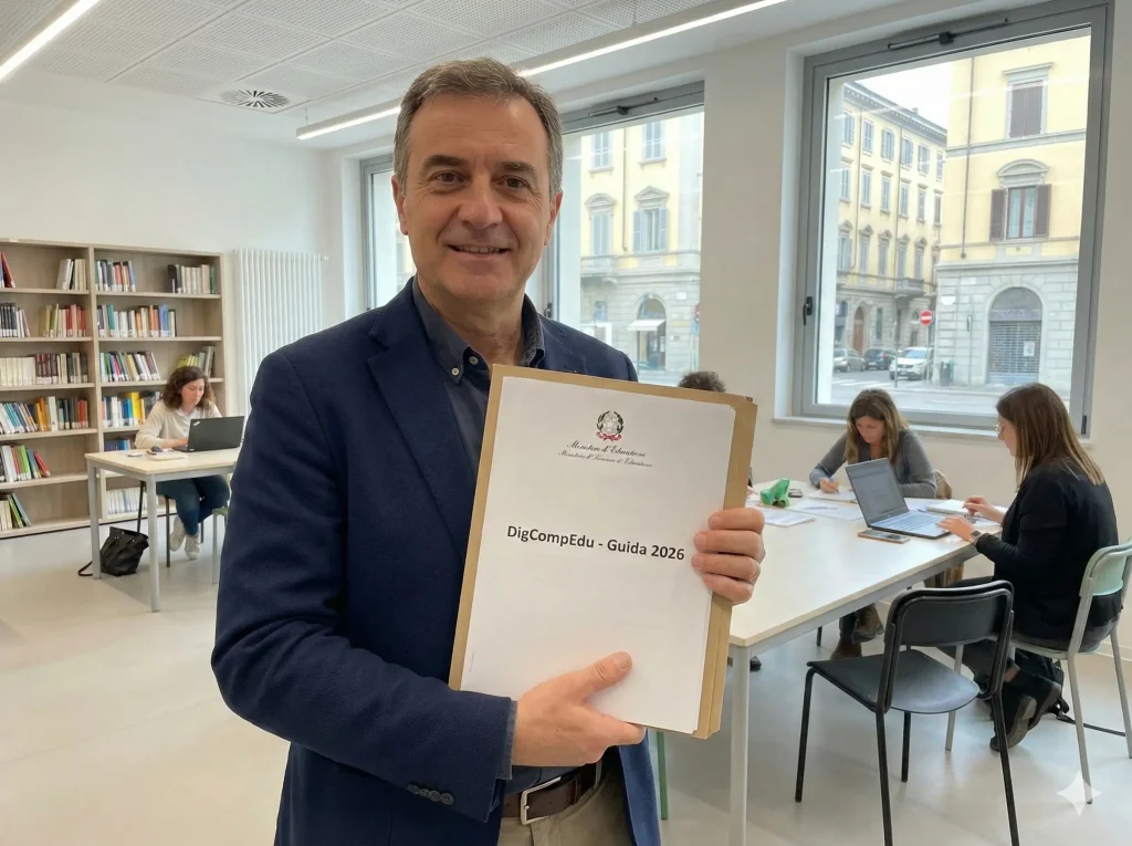 DigCompEdu Certificazione: un docente con in mano un fascicolo con la scritta "DigCompEdu - Guida 2026"