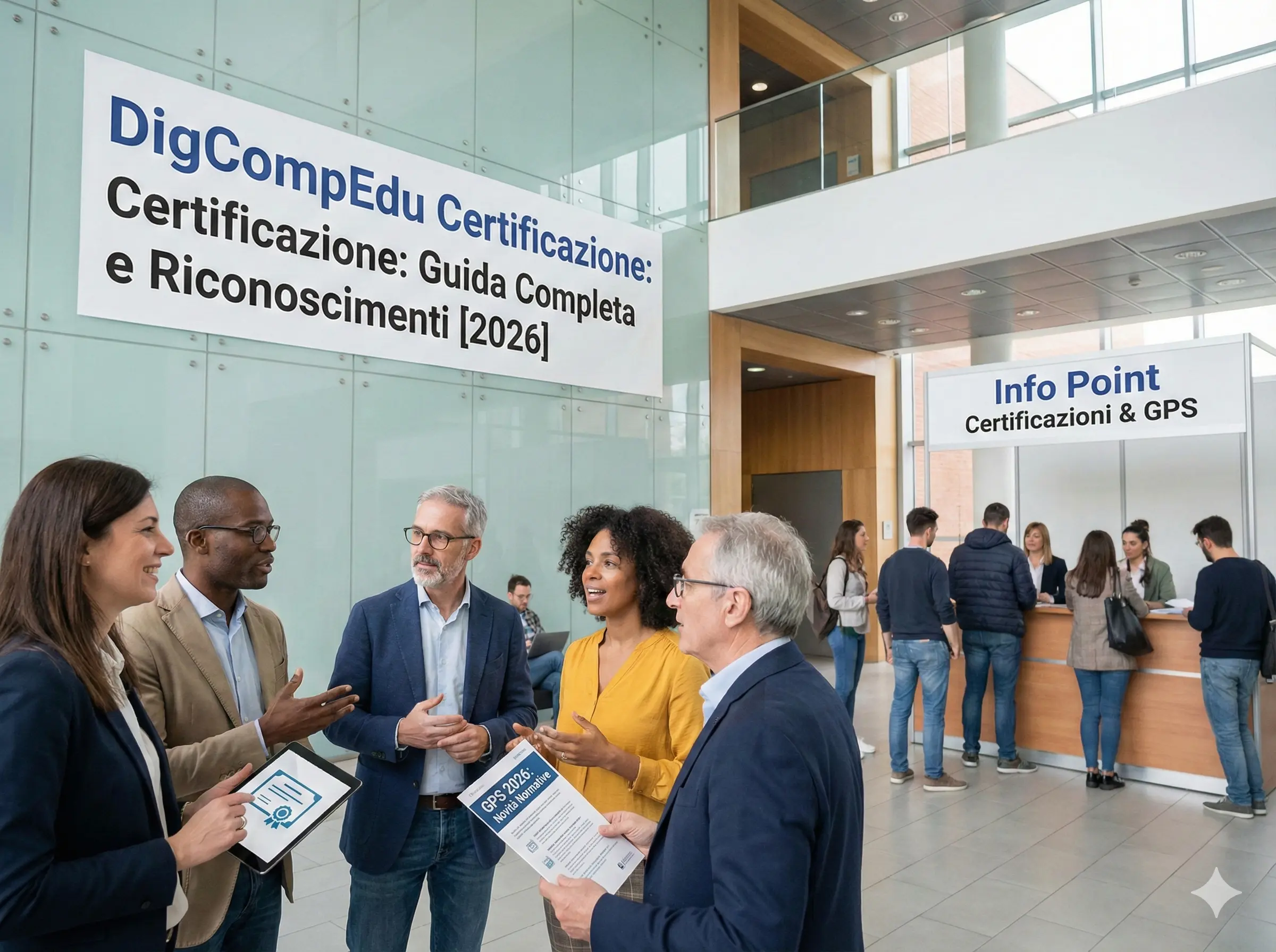 Alcuni docenti parlano all'interno di una scuola. Sullo sfondo, uno striscione con la scritta: DigCompEdu Certificazione: Guida Completa e Riconoscimenti [2026]