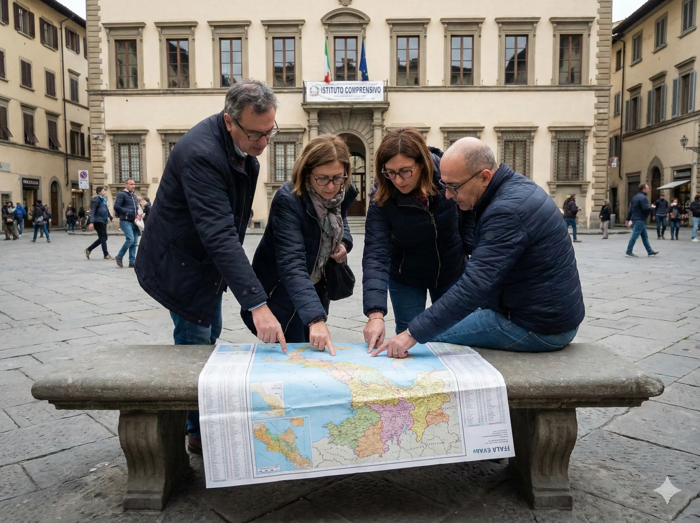 Migliori Province per GPS 2026-2028: un gruppo di docenti consulta una cartina geografica nel cortile di una scuola