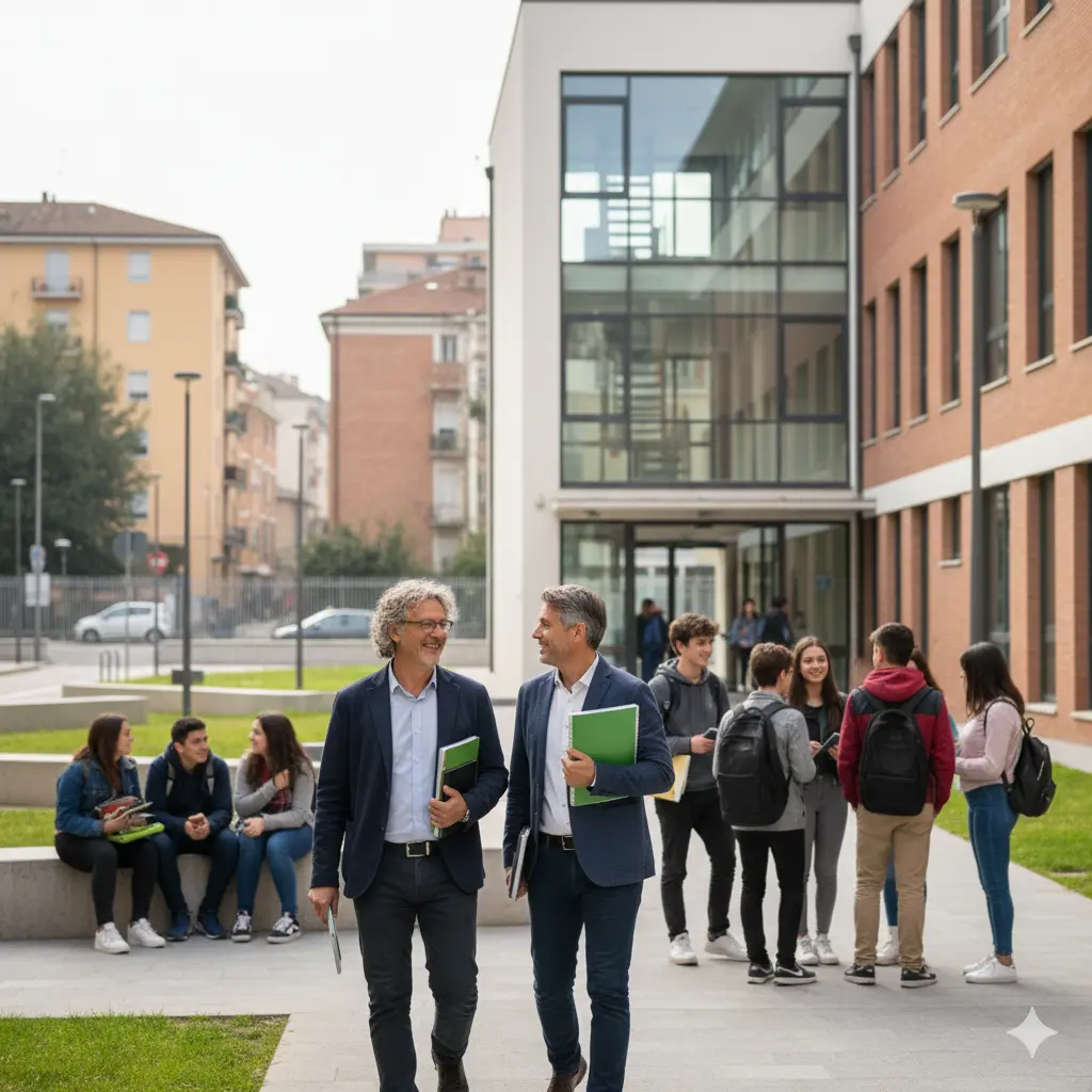 Nuovo Decreto PNRR 2026: docenti e studeni davanti ad una scuola