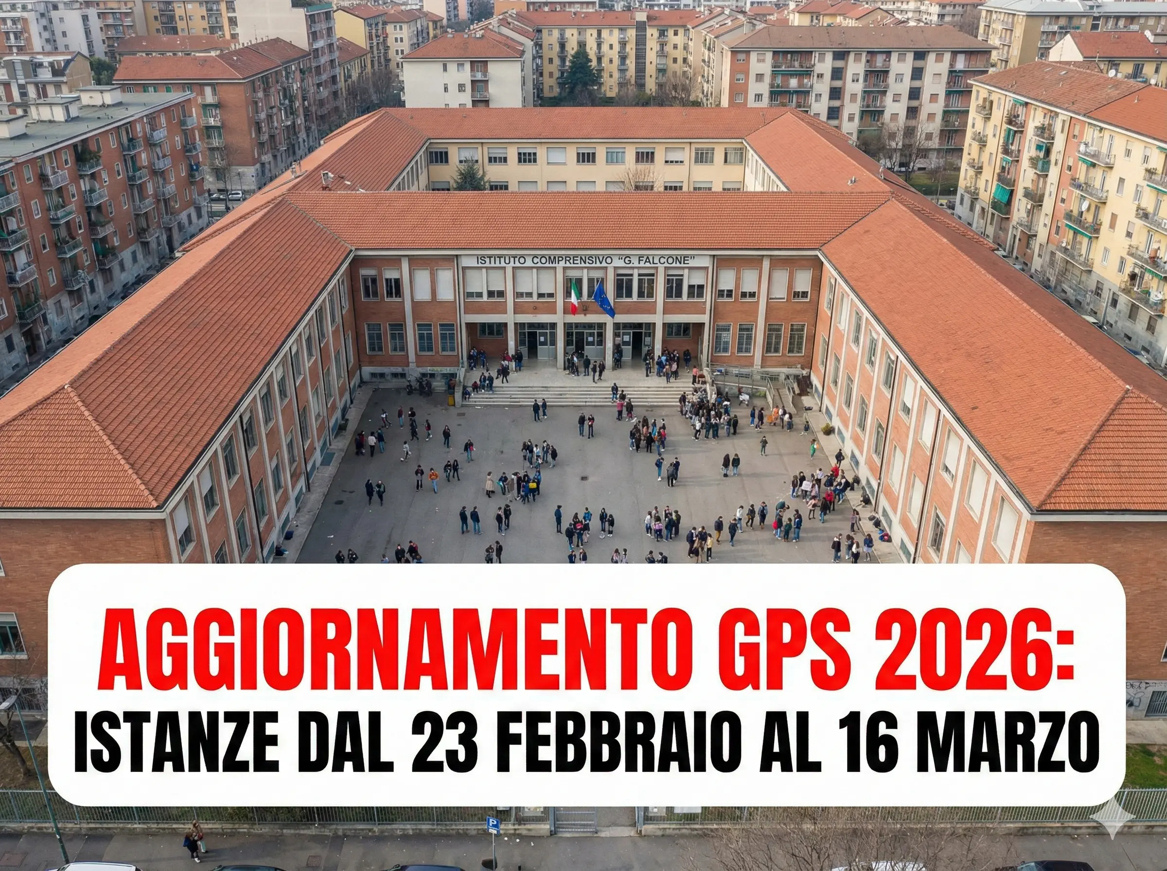 Aggiornamento GPS 2026 dal 23 febbraio al 16 marzo: una scuola vista dall'alto, con studenti e docenti. In primo piano la scritta: "Aggiornamento GPS 2026: Istanze dal 23 Febbraio al 16 Marzo"