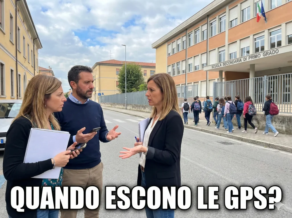 Alcuni docenti davanti ad una scuola e la scritta "Quando escono le GPS 2026?"