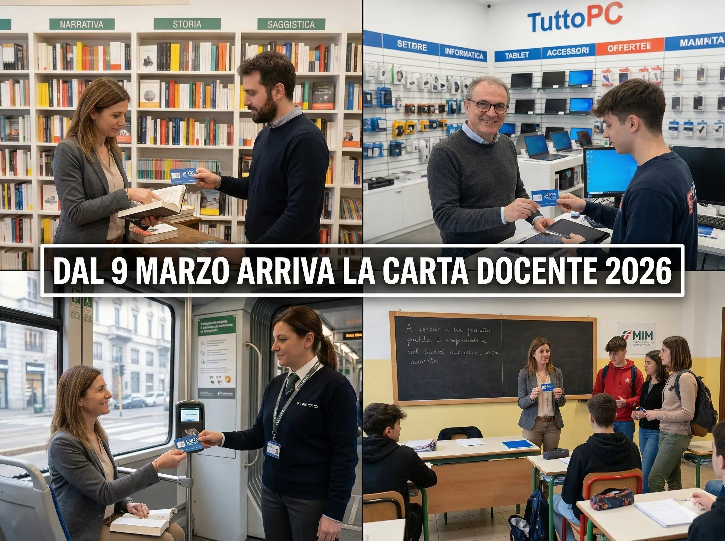 Carta docente dal 9 marzo 2026: immagine divisa in 4 parti (docente in libreria, docente in negozio pc, docente su mezzo di trasporto e docente in classe), con in primo piano la scritta: "Dal 9 marzo arriva la Carta docente 2026"