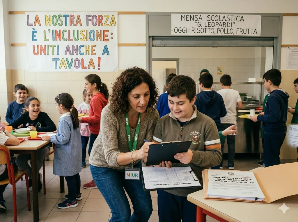 Conferma del docente di sostegno 2026-2027: insegnante e alunno nella mensa scolastica