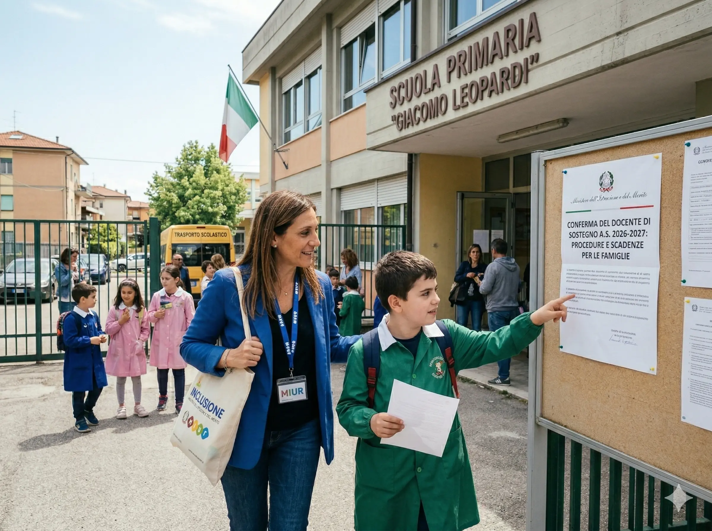 Conferma del docente di sostegno 2026-2027: insegnante e alunno davanti ad una scuola