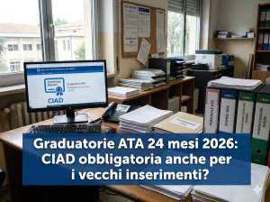 Segreteria scolastica con in primo piano la scritta "Graduatorie ATA 24 mesi 2026: CIAD obbligatoria anche per i vecchi inserimenti?"
