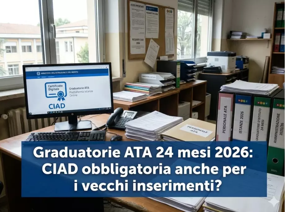 Segreteria scolastica con la pagina della CIAD sul monitor del pc. In primo piano la scritta "Graduatorie ATA 24 mesi 2026: CIAD obbligatoria solo per i nuovi inserimenti"