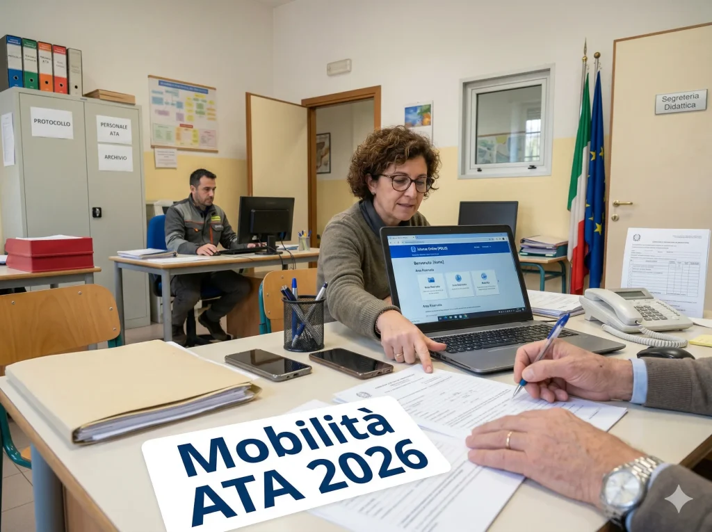 Segreteria scolastica al lavoro. E su una scrivania un cartello con la scritta "Mobilità ATA 2026"