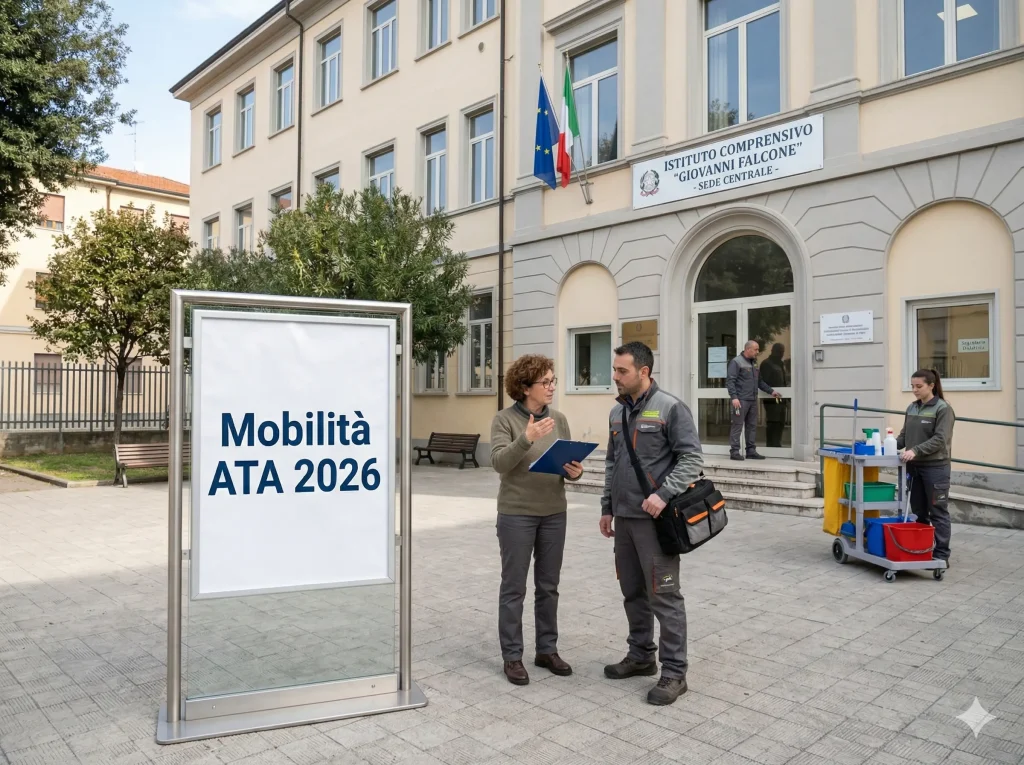 Personale Ata davanti ad una scuola e un cartello con la scritta "Mobilità ATA 2026"