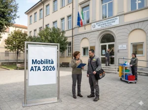 Personale Ata davanti ad una scuola e un cartello con la scritta "Mobilità ATA 2026"