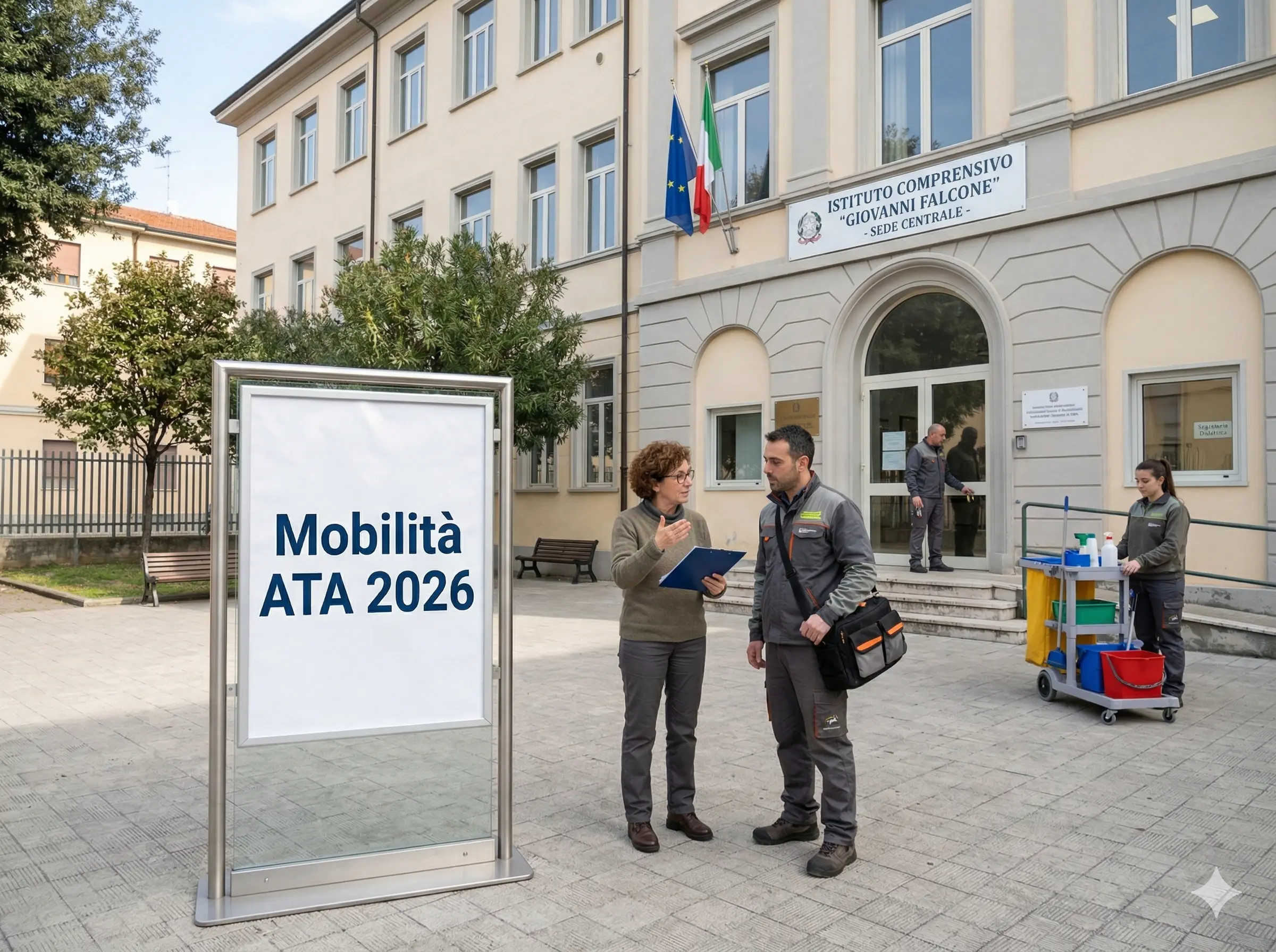 Personale Ata davanti ad una scuola e un cartello con la scritta "Mobilità ATA 2026"