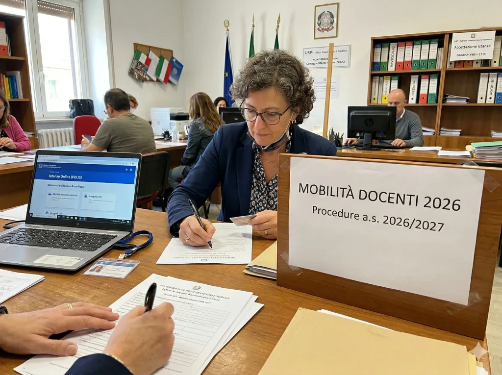 Personale di segreteria scolastica al lavoro. In primo piano la scritta "Mobilità docenti 2026"