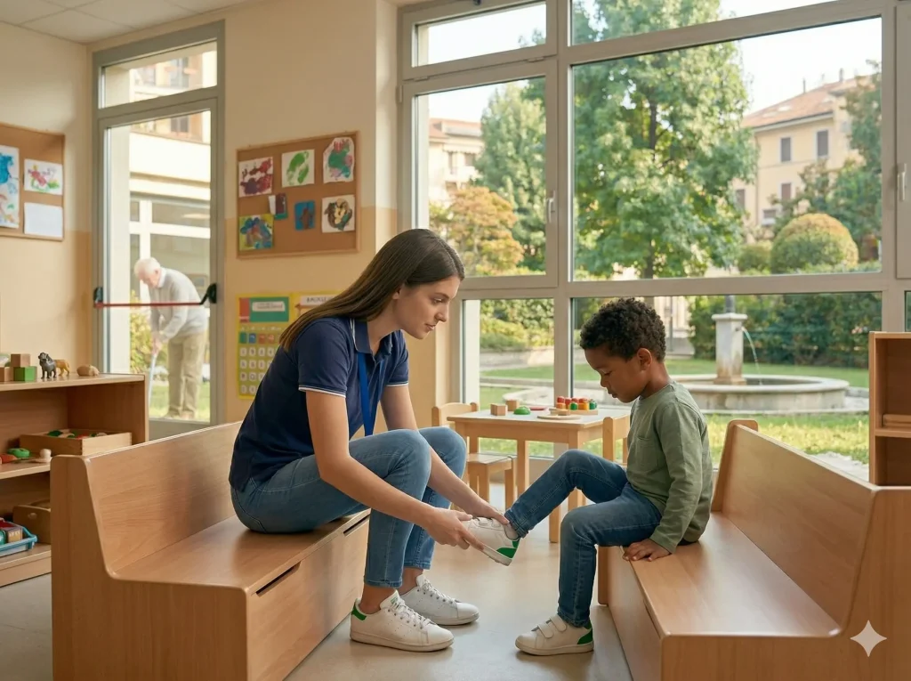 OPI aiuta bambino a mettere le scarpe