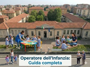 Sullo sfondo una scuola. In primo piano OPI alle prese con dei bambini. E al centro la scritta "Operatore dell'infanzia: Guida completa"
