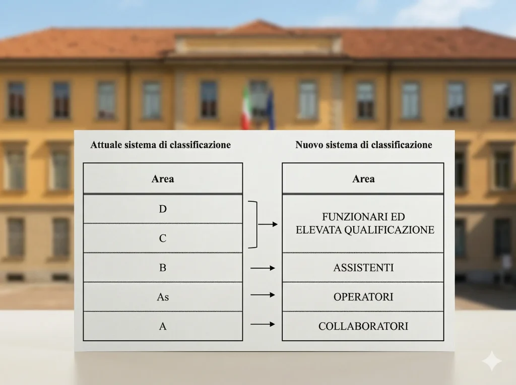 Personale ATA: sullo sfondo una scuola sfocata. In primopiano due tabelle che mettono in evidenza la vecchia e la nuova classificazione