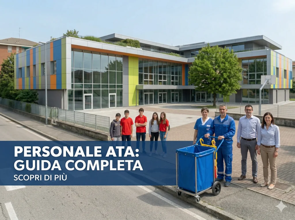 Alcuni docenti, alunni e personale ATA davanti ad una scuola. In primo piano la scritta "Personale ATA: Guida Completa. Scopri di più"