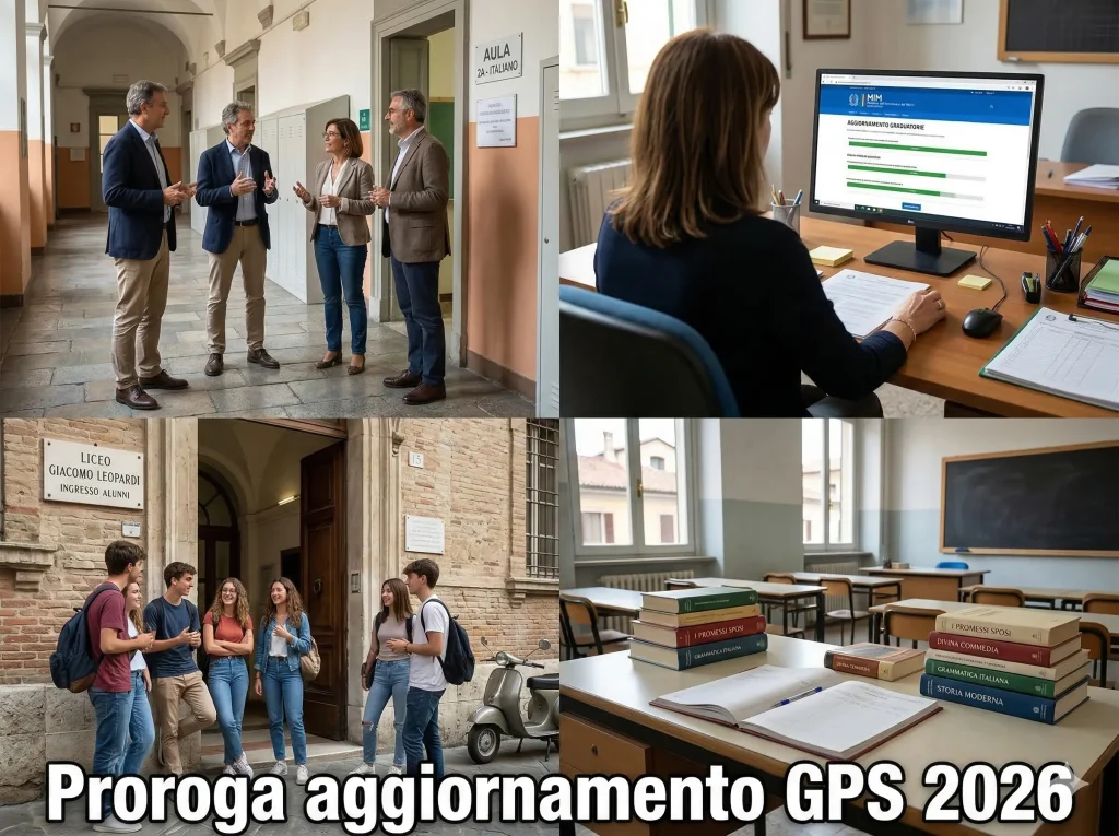 Foto divisa in 4 parti (docenti nel corridoio di una scuola, docente vista di spalle con sul monitor il sito del MIM, alunni davanti ad una scuola, una cattedra con libri in una classe deserta): In primo piano la scritta "Proroga aggiornamento GPS 2026"