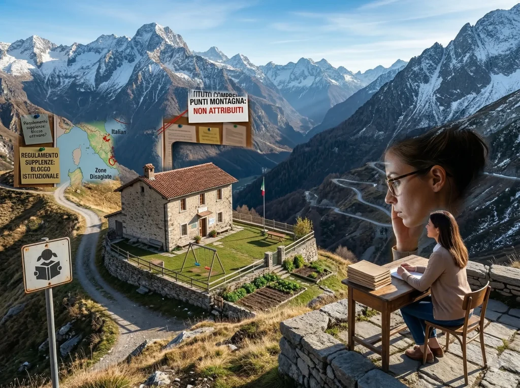 Punteggio aggiuntivo GPS 2026: docente seduta ad un banco di fronte una piccola scuola di montagna