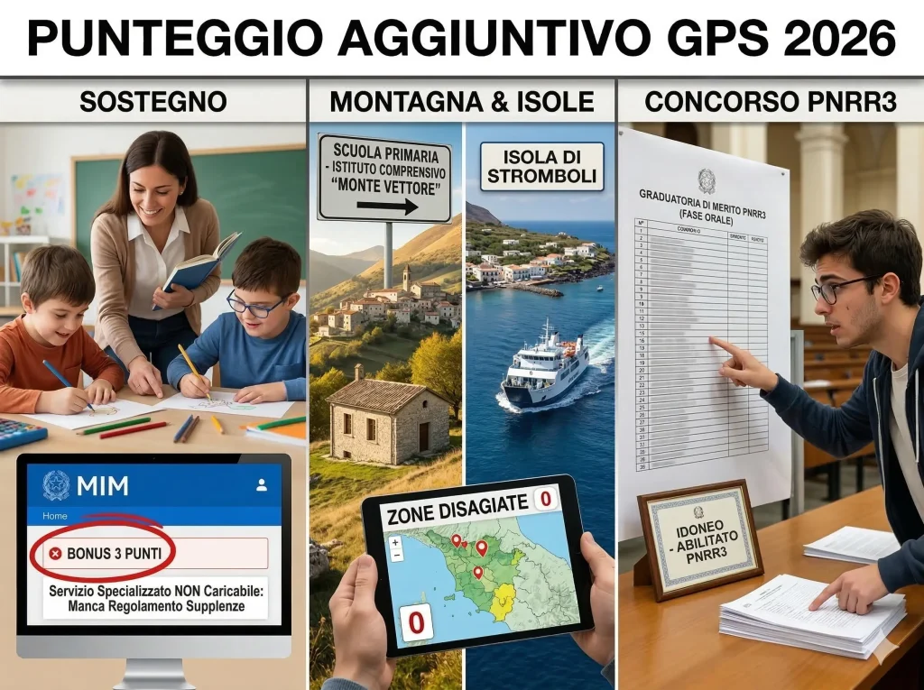 Immagine divisa in tre parti (docente di sostegno; comuni di montagna e isole; graduatoria PNRR3) e in primo piano la scritta "Punteggio aggiuntivo GPS 2026"