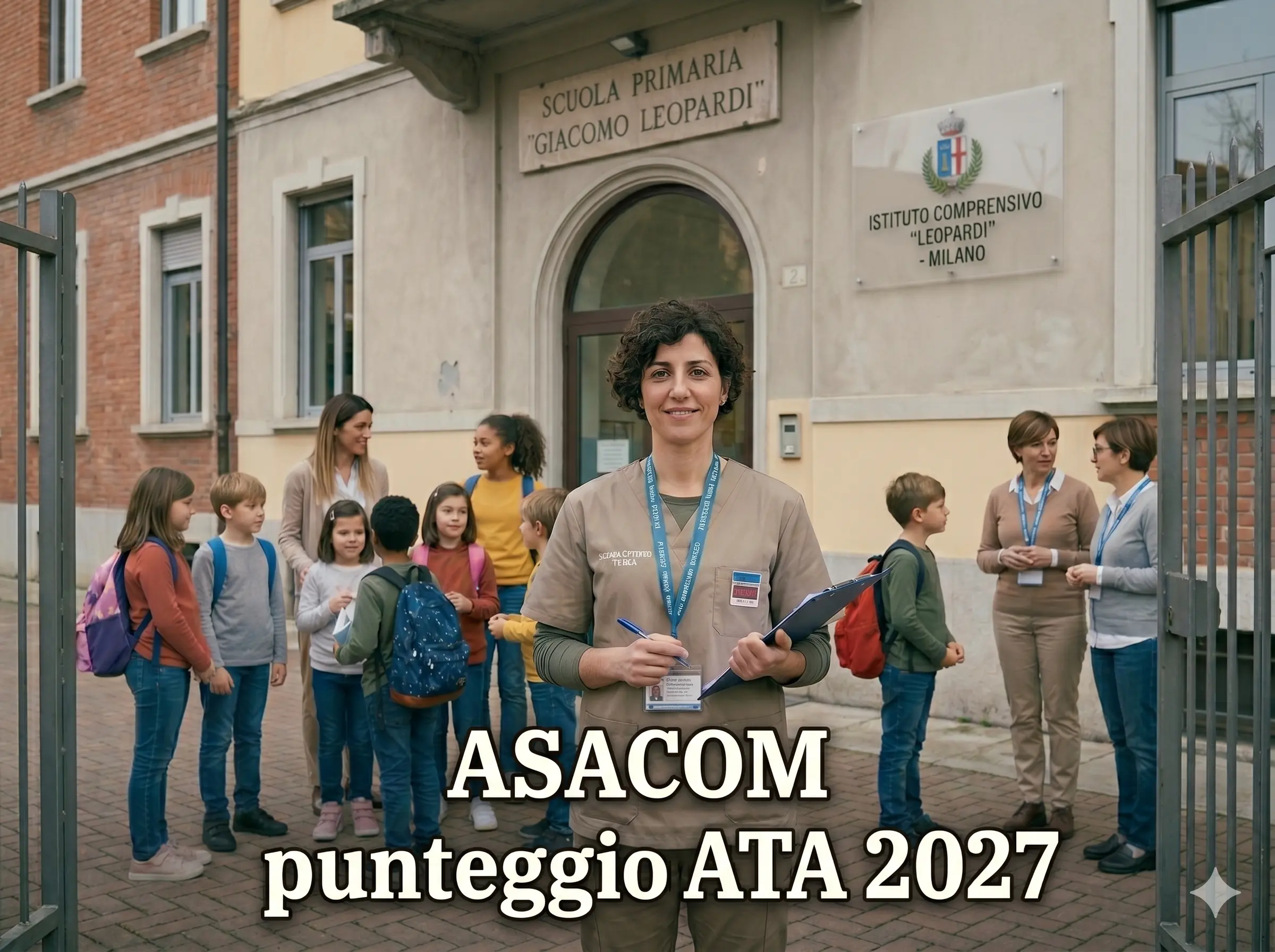 ASACOM davanti ad una scuola. In primo piano la scritta: ASACOM punteggio ATA 2027