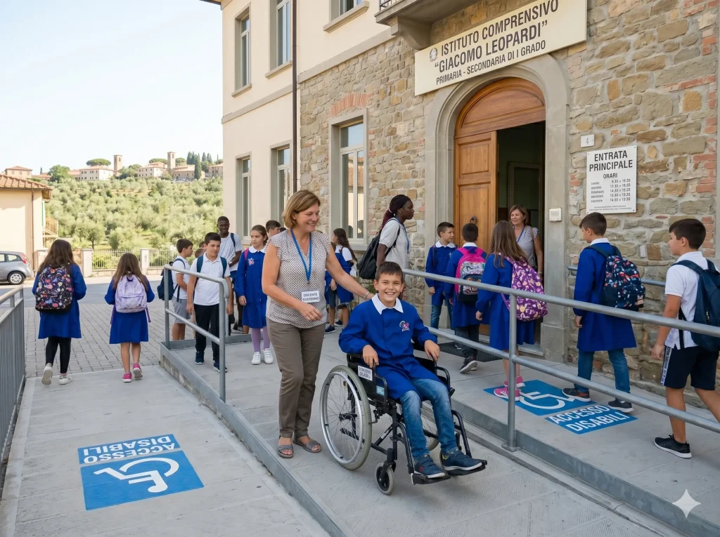 Assunzioni GPS sostegno prima fascia 2026/2027: docente di sostegno con alunno disabile davanti alla scuola