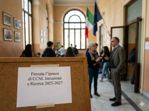 Alcuni docenti nel corridoio di una scuola e in primo piano la scritta "Firmata l'ipotesi di CCNL Istrizione e Ricerca 2025-2027"