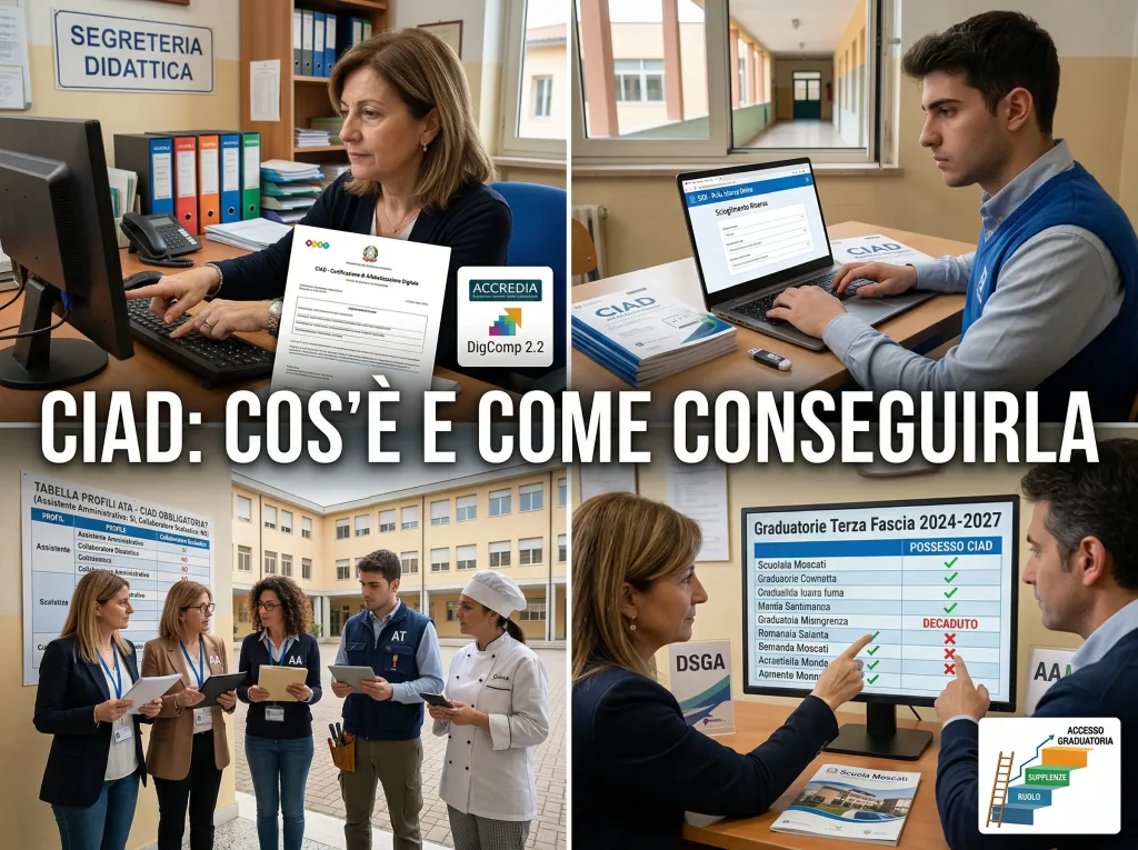 Immagine divisa in 4 parti con personale ATA. In primopiano la svcritta "CIAD: cos'è e come conseguirla"