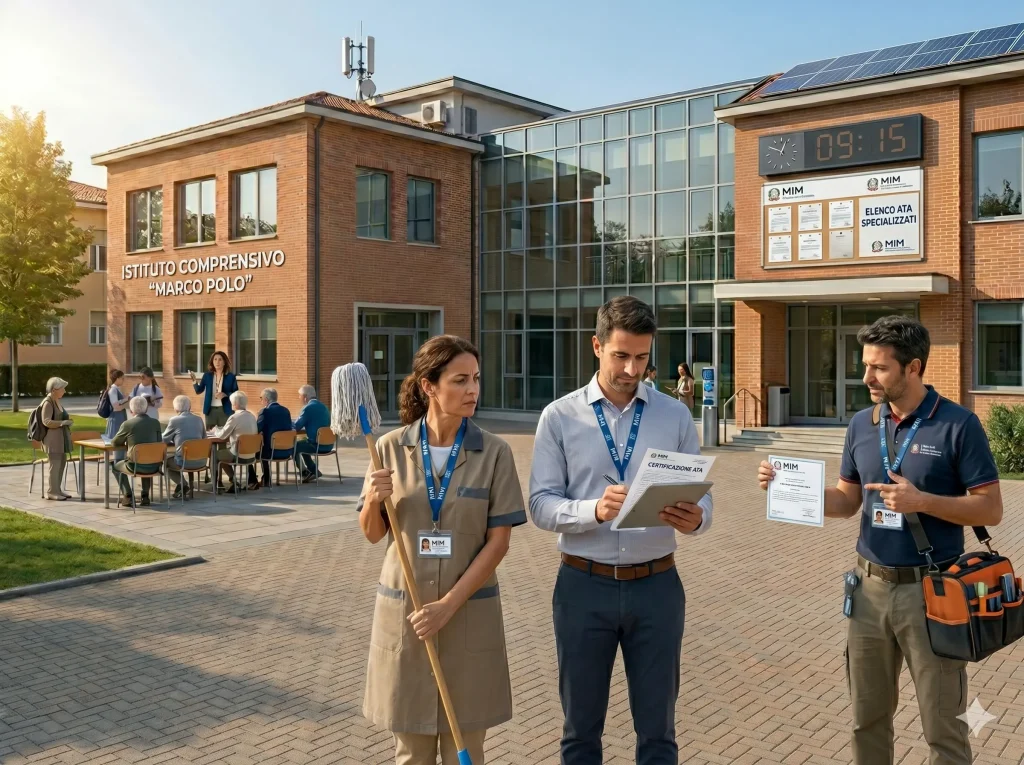 Certificazione ATA obbligatoria: personale ATA davanti ad una scuola