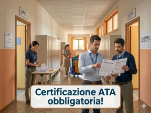 Figure ATA in un corridoio scolastico e in primo piano la scritta "Certificazione ATA obbligatoria!"