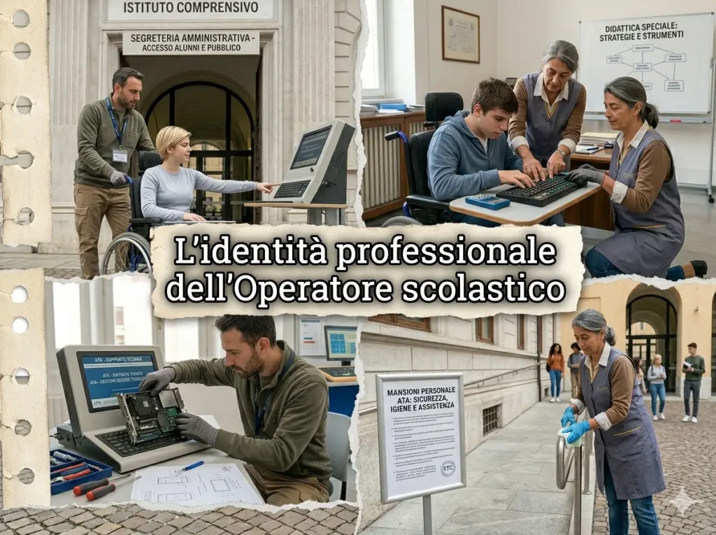 Chi è l'Operatore scolastico? Foto divisa in 4 parti, con diversi momenti dell'attività lavorativa dell'OS. In primo piano la scritta "L'identità professionale dell'Operatore scolastico".