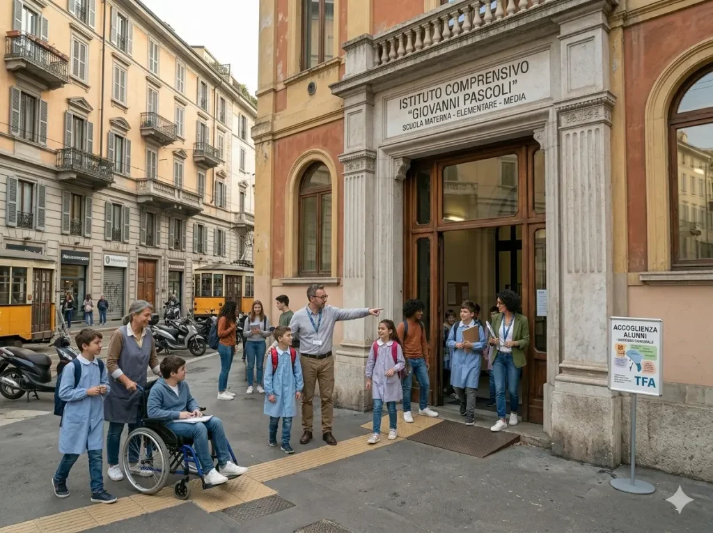 Chi è l'Operatore Scolastico: alunni e docenti davanti ad una scuola
