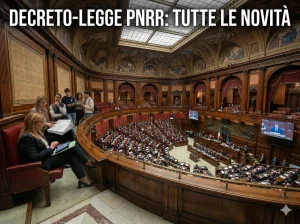 Conversione in legge Decreto PNRR: una seduta del Parlamento. In primo piano la scritta: "Decreto-legge PNRR: tutte le novità".