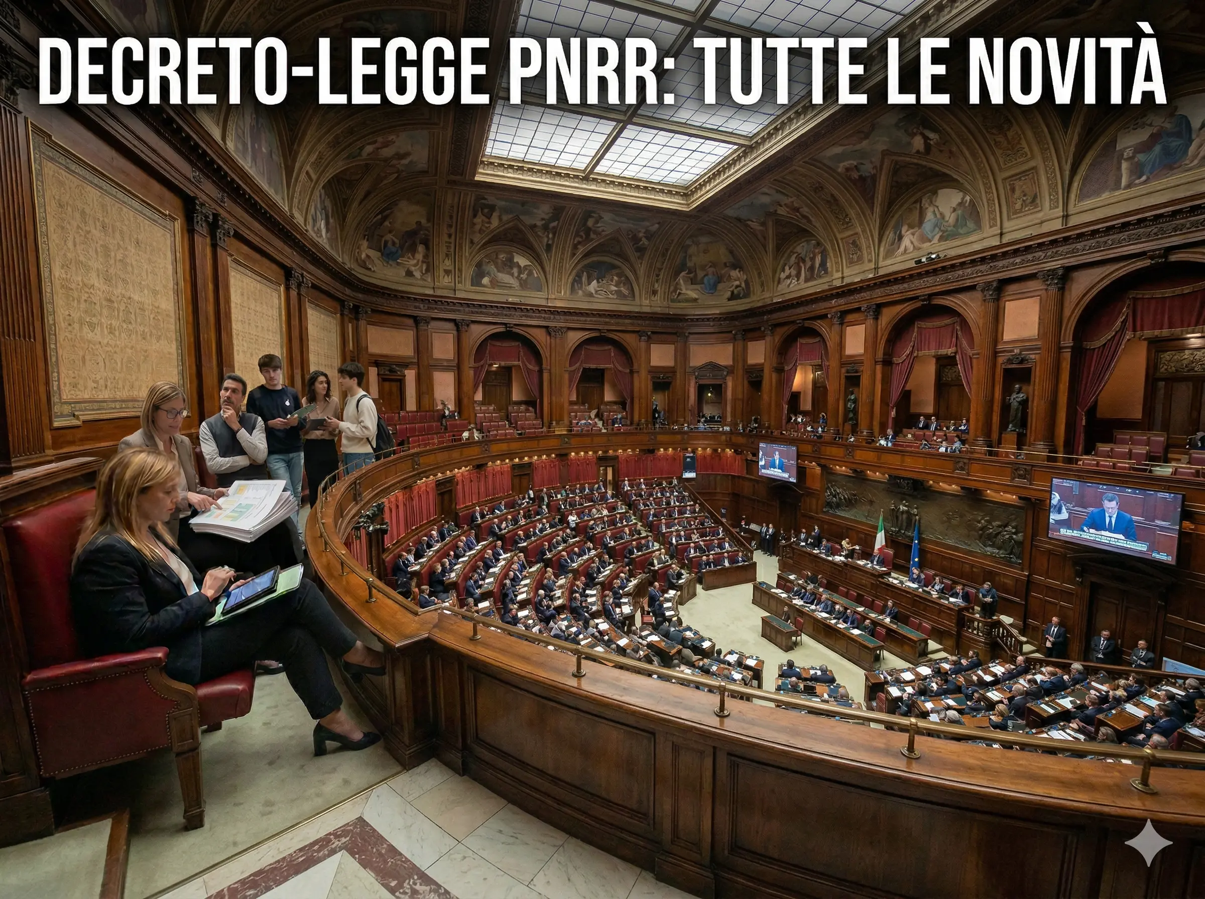 Conversione in legge Decreto PNRR: una seduta del Parlamento. In primo piano la scritta: "Decreto-legge PNRR: tutte le novità".