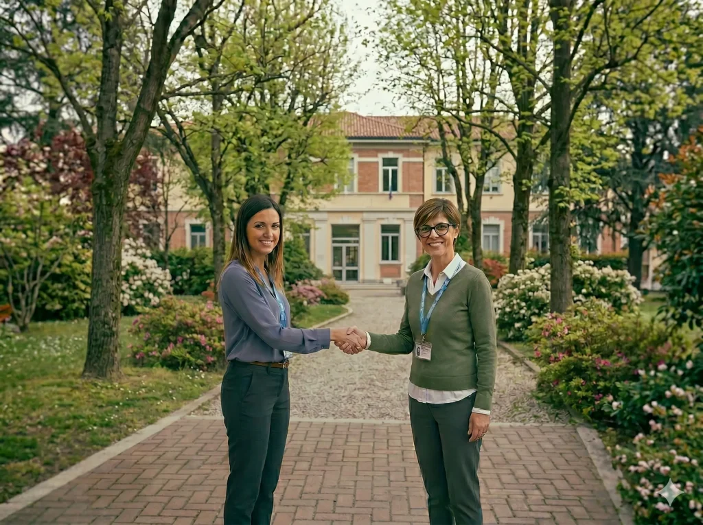 Differenza tra OSA e ASACOM: OSA e ASACOM si stringono la mano davanti ad una scuola