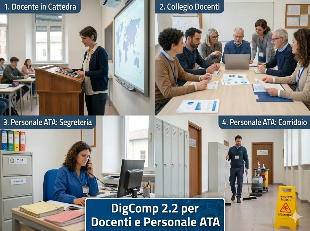 Immagine divisa in 4 parti (docente in classe, collegio dei docenti, personale di segreteria e collaboratori scolastici in corridoio). In primo piano la scritta "DigComp 2.2 Docenti e Personale ATA"