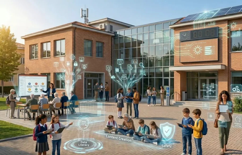 DigCom 2.2: docenti e alunni davanti ad una scuola, con vari elementi grafici che richiamano le competenze digitali