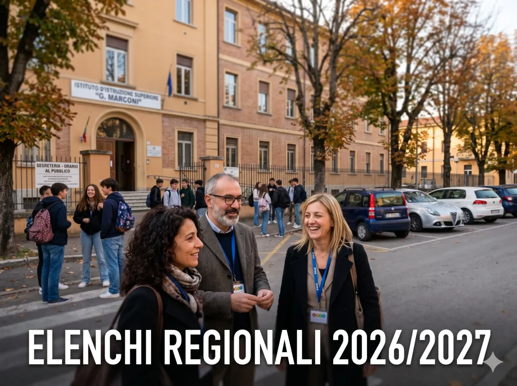 Alcuni docenti davanti ad una scuola. In primo piano la scritta "Elenchi regionali 2026/2027"