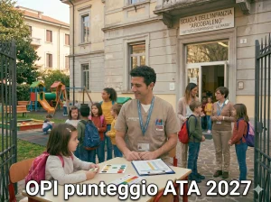 OPI davanti ad una scuola con una bambina. In primo piano la scritta: OPI punteggio ATA 2027