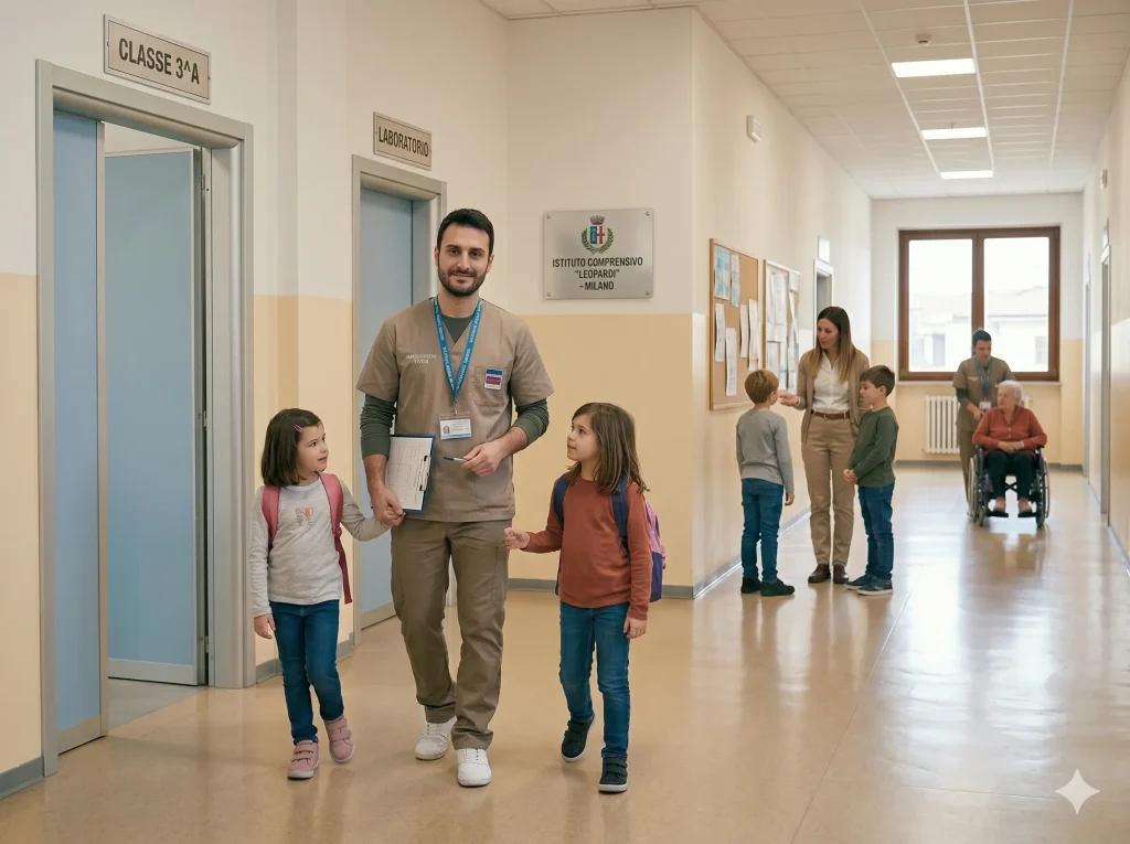 OSA punteggio ATA 2027: Osa nel corridoio di una scuola con alcuni alunni