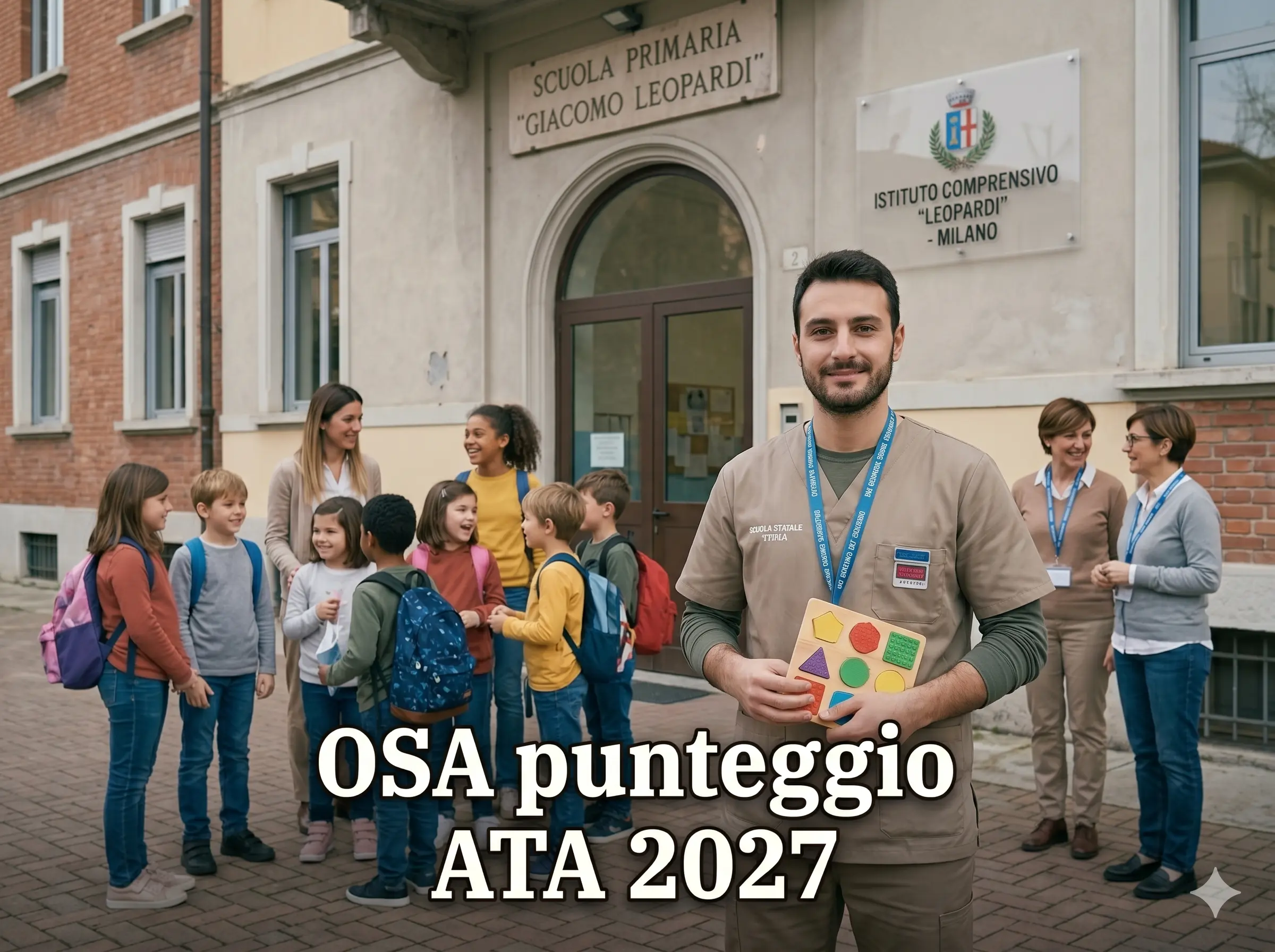 Osa davanti ad una scuola. In primo piano la scritta "OSA punteggio ATA 2027"